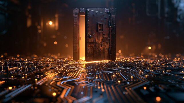 Glowing Open Door on Circuit Board Representing Cybersecurity Backdoor