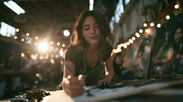 Young Woman Painting in Creative Art Studio