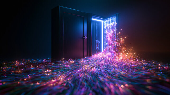 Luminous Data Stream Flowing from Open Doorway Portal
