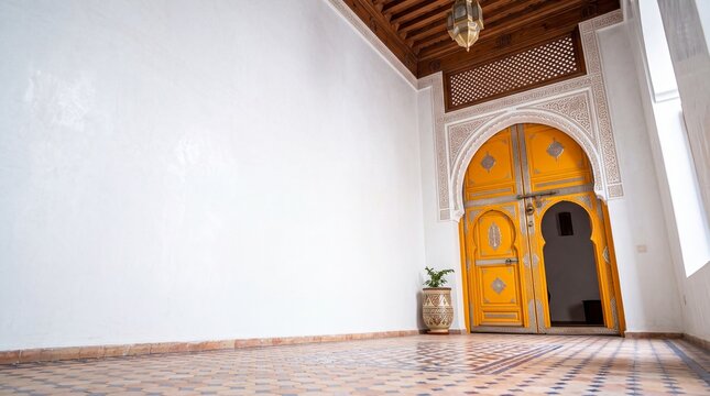 Traditional Moroccan Riad Interior with Ornate Yellow Door