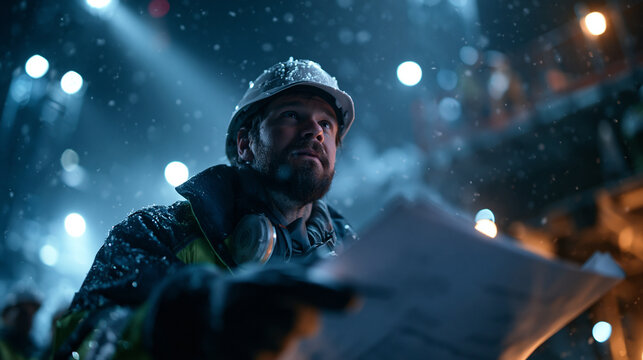 Male Engineer Holding Blueprints at Industrial Site During Snowfall