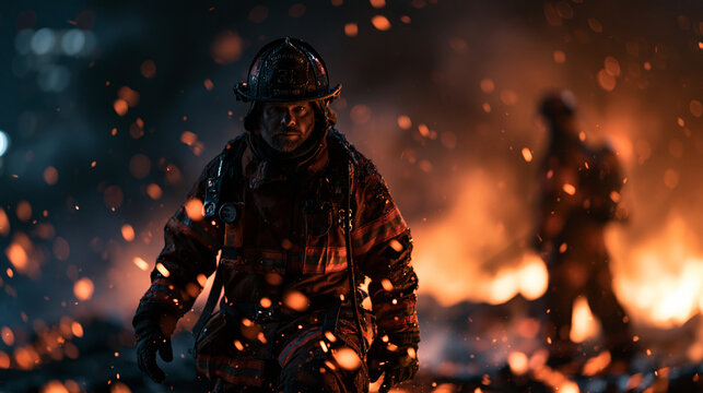 Firefighter Walking Through Fire and Embers During Emergency Rescue