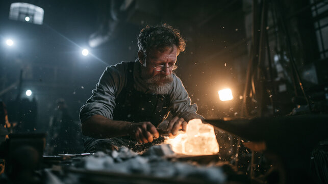 Blacksmith Working with Glowing Hot Metal in Workshop