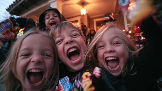 Excited Children Screaming and Holding Candy on Halloween