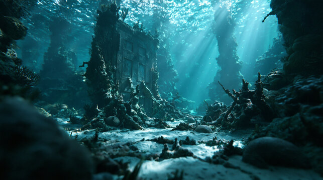 Sunken Ancient Ruins Submerged on Ocean Floor with Sunlight