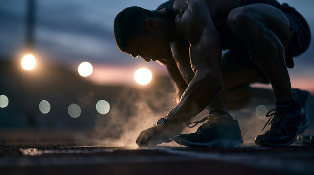 Male Sprinter in Starting Position on Running Track at Dusk