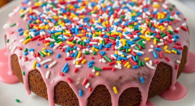 Colorful sprinkles on pink frosted cake close up.