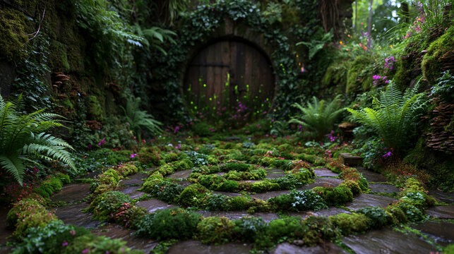 Enchanted Round Wooden Door with Moss Spiral Path