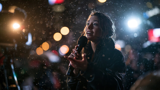 Female News Reporter Broadcasting Live in Snow at Night