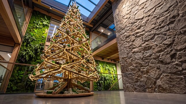 Modern Eco Wooden Christmas Tree in Contemporary Architecture Atrium