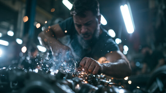 Mechanic Repairing Engine with Sparks Flying in Workshop