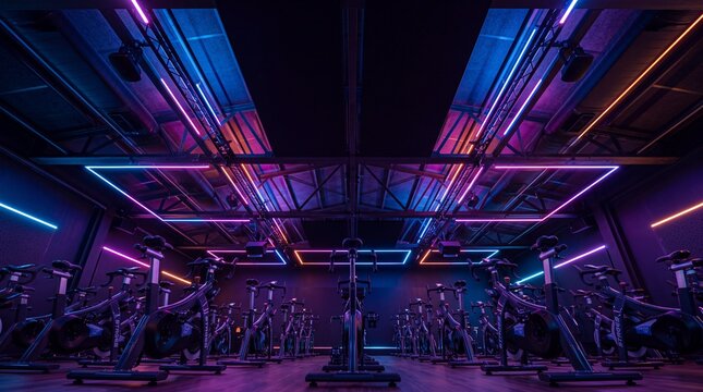 Empty Indoor Cycling Studio with Stationary Bikes and Neon Lights