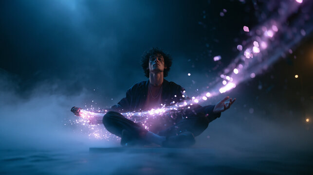 Young Man Meditating with Glowing Mystical Energy Stream