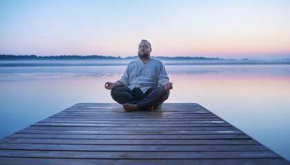 Fototapeta premium Endomorph Man Practicing Lakeside Meditation for Peace and Mindfulness on Wooden Pier