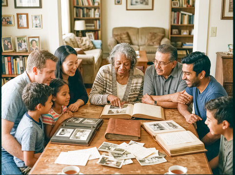 Family Legacy: A multi-generational family gathers around a wooden table, sharing memories and looking through old photo albums, connecting with their past and cherishing their heritage.