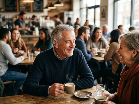 Older Man Using Hearing Aid During Cafe Conversation