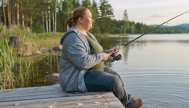 Endomorph person fishing on a wooden dock at a serene lakeside during a calm summer evening