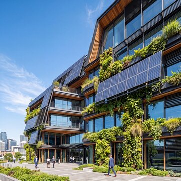 Sustainable Modern Corporate Office Building With Vertical Green Living Wall And Solar Panels