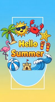 Colorful Summer Vacation Illustration with Beach Elements.