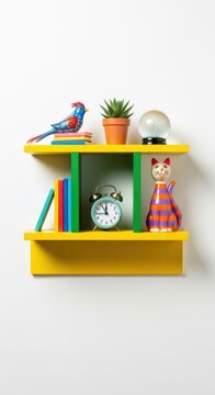Colorful Wall Shelf with Decorative Items and Books.