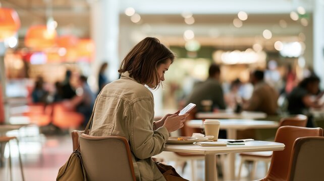 カフェでスマートフォンを操作する女性。リラックスした時間やコミュニケーションのシーンに最適なイメージ。