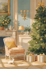 Naklejka premium Elegant living room transforming for Christmas, featuring a decorated tree, wrapped gifts, a comfortable armchair, and a small rabbit