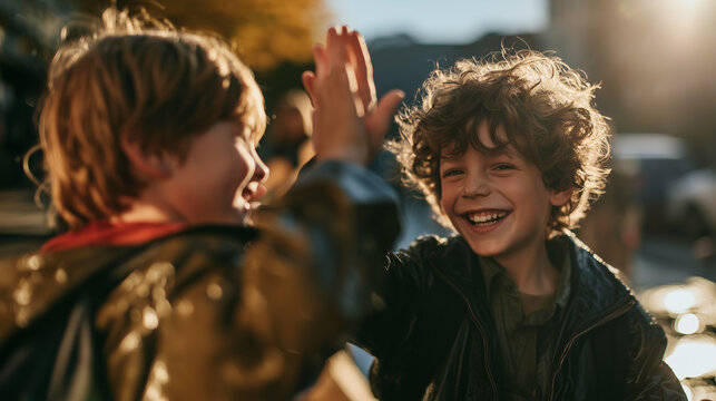 Close-up portrait of two joyful schoolboys high-fiving with genuine smiles, autumn street softly blurred in the background, back to school, schoolboys, happy children, high five, f
