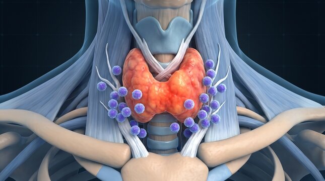 Medical illustration of human thyroid gland and parathyroid glands showing endocrine system anatomy in the neck area