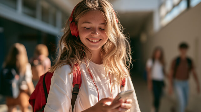 Smiling schoolgirl with a backpack and headphones holding a smartphone in a bright school hallway, other students walking in the background, modern school interior, natural dayligh