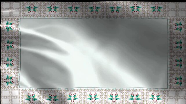 Monochromatic cinematic background featuring dynamic glowing light streaks and soft smoke effects, framed by a decorative green damask ornament pattern border.