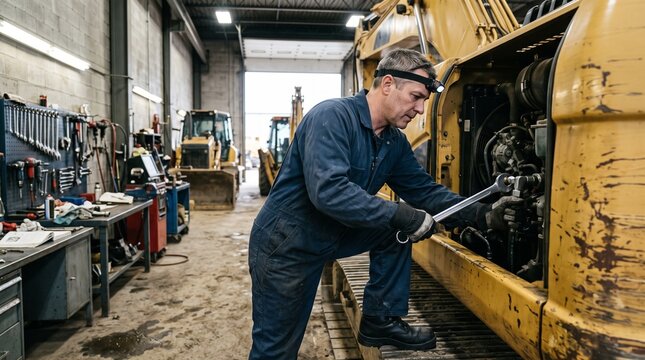 Professional mechanic repairing a large yellow industrial tractor engine inside a busy mechanical workshop garage