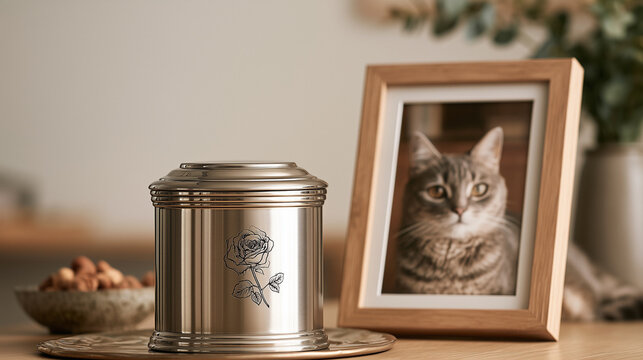 Silver cremation urn featuring a delicate rose engraving placed beside a framed photograph of a cat on a table, pet remembrance setting, pet urn, cat memorial, pet cremation, anima