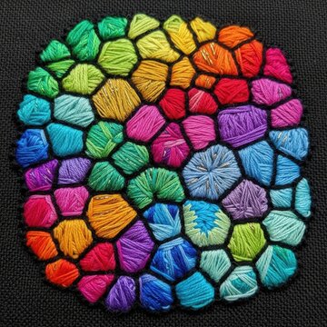 Colorful Yarn Balls Arranged in Circular Mosaic Pattern.
