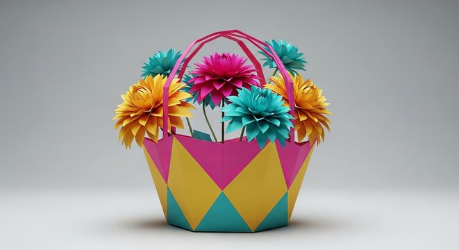 Vibrant geometric paper craft of a modern basket filled with dahlia blooms, featuring sharp triangles in fuchsia, yellow, and teal tones, origami, texture, angles