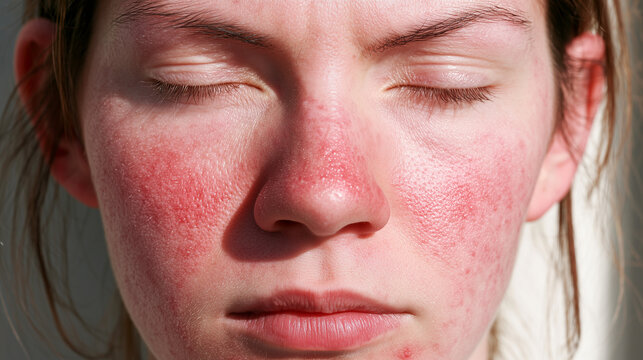 Woman with visible rosacea redness and irritated skin across the cheeks and nose, close-up facial view, rosacea, facial redness, red skin, skin inflammation, sensitive skin, dermat