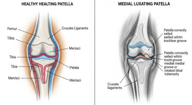 Comparative Diagram of Healthy and Injured Patella Conditions.