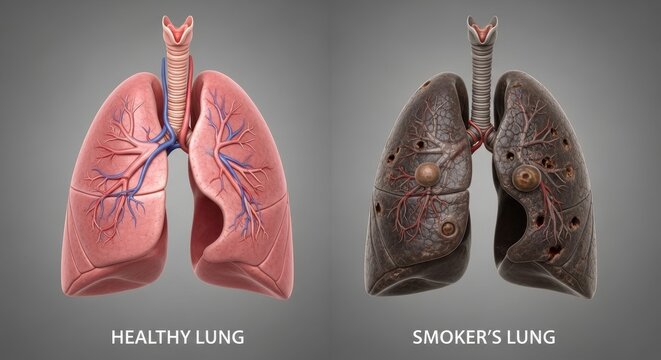 Comparison of Healthy and Smokers Lungs Medical Illustration.