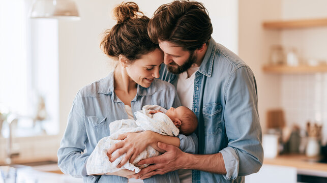 Young parents cuddling their newborn baby in a bright modern kitchen, mother and father sharing a tender family moment with their infant, newborn, young couple, parents, baby, fami
