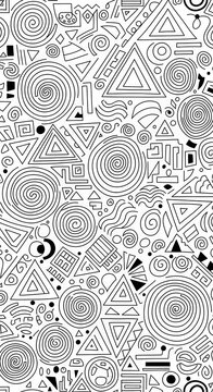Complex Geometric Pattern with Abstract Shapes and Spirals.