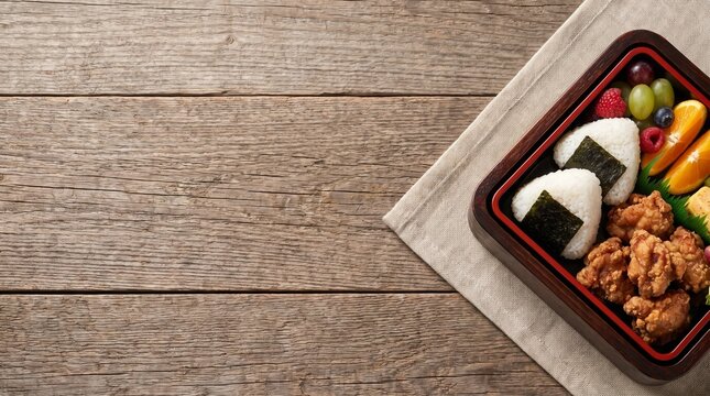 木目テーブルの端に運動会のお弁当重箱を配した秋の行楽・告知用フレーム背景