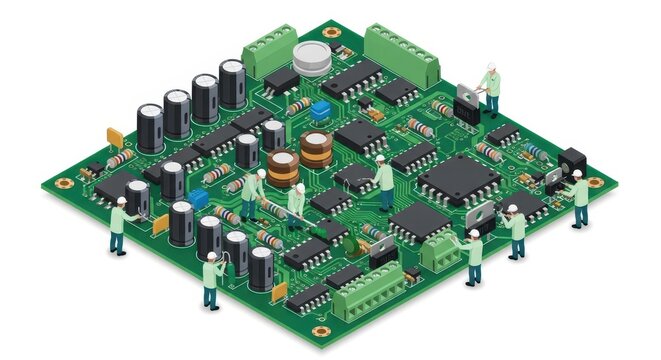 Complex green printed circuit board with electronic components.