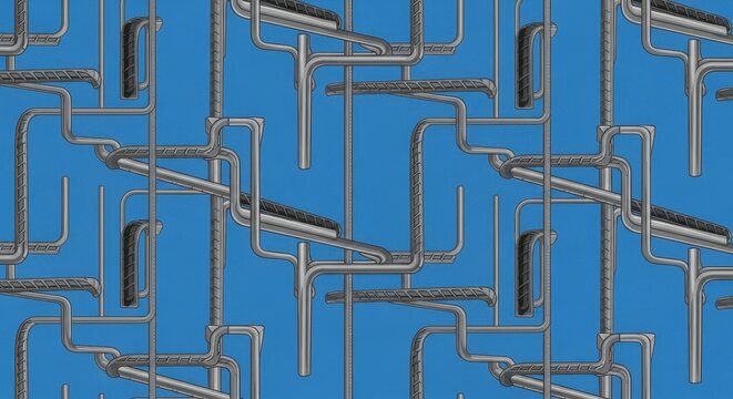 Complex Industrial Piping System Against Blue Background.