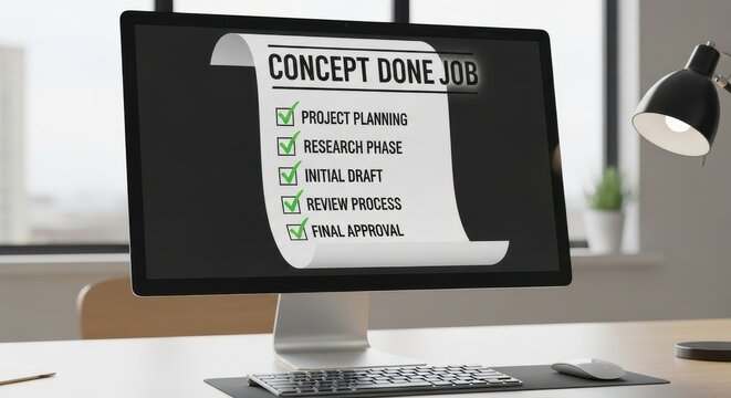Concept Done Job List on Computer Screen in Office.