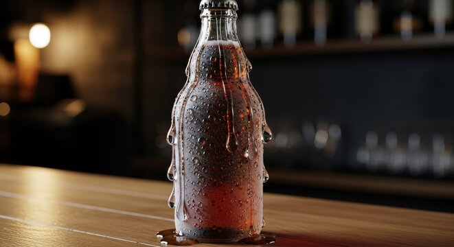 Condensation covered glass bottle on wooden bar.