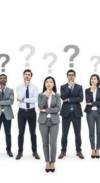 Confident business professionals standing with question marks above.
