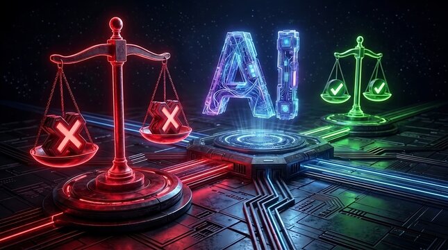 AI Ethics and Regulation Concept with Glowing Scales of Justice