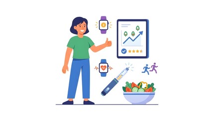 Fototapeta premium Woman with fitness tracker and healthy lifestyle icons.