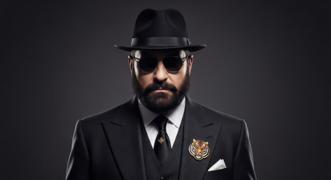 Confident businessman in dark suit and hat posing.