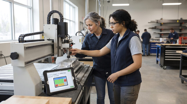 Two female manufacturing professionals operate and calibrate a CNC milling machine in a modern industrial workshop.