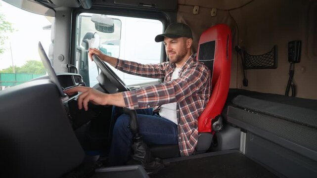 Truck driver using navigation system in right hand drive car